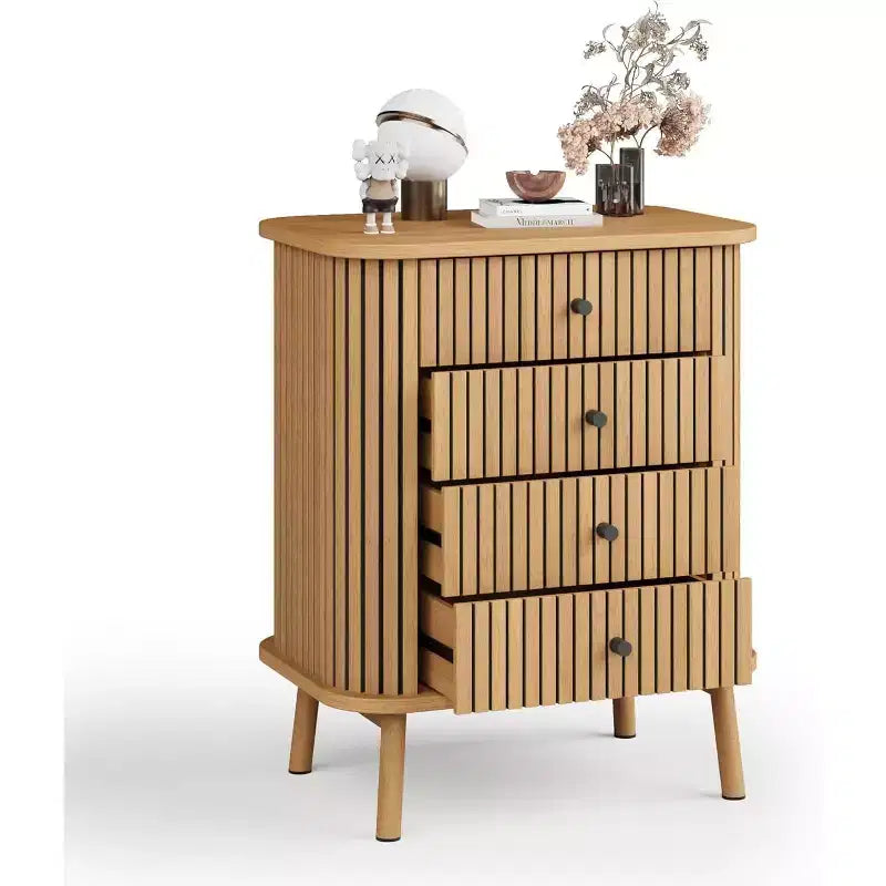 Cassettiera 4/6 cassetti marrone naturale, con maniglie nere opache, gambe in legno, per 1 persona