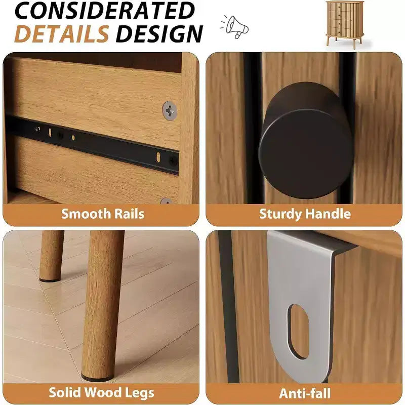 Cassettiera 4/6 cassetti marrone naturale, con maniglie nere opache, gambe in legno, per 1 persona