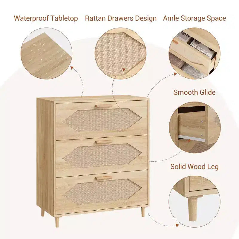 Cassettiera a 3 cassetti in rattan naturale – 1 persona