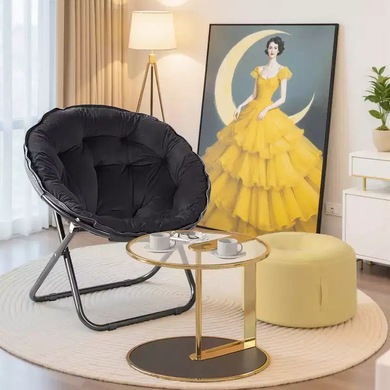 Folding Saucer Chair, Moon Chair with Metal Frame, Faux Fur for Bedroom or Living Room, Gray/Black