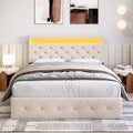 Modern Upholstered Bed Frame with Adjustable Headboard, Built-In Charging Station, Diamond Stitched Button Tufted