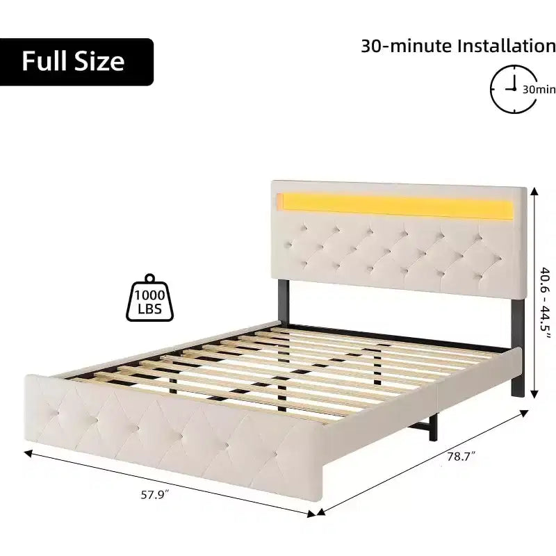 Struttura letto imbottita grigia/beige con LED e stazione di ricarica, piazza e mezza/matrimoniale, 2 persone