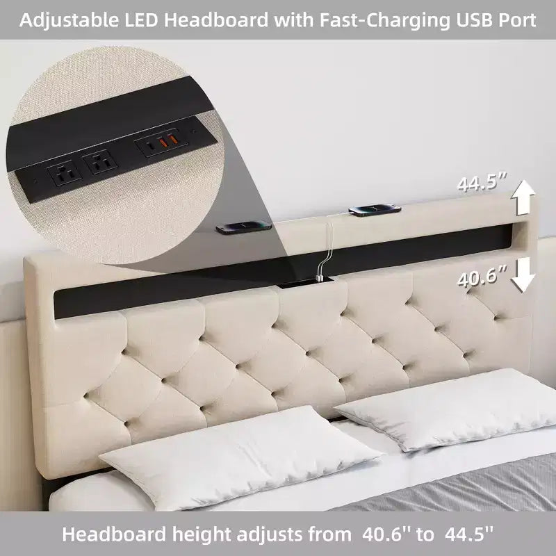 Struttura letto imbottita grigia/beige con LED e stazione di ricarica, piazza e mezza/matrimoniale, 2 persone