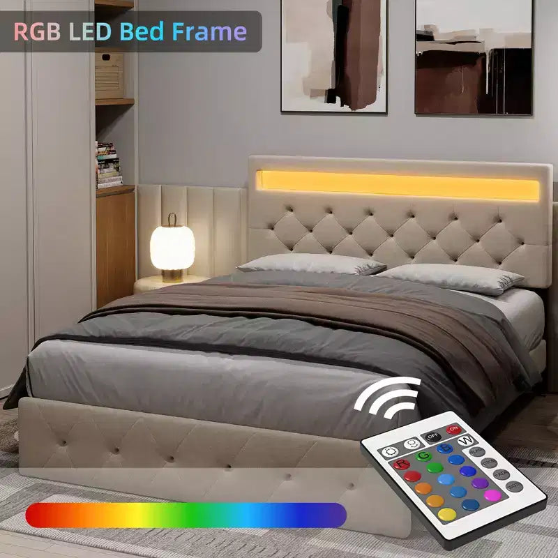Struttura letto imbottita grigia/beige con LED e stazione di ricarica, piazza e mezza/matrimoniale, 2 persone