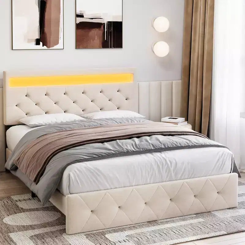 Struttura letto imbottita grigia/beige con LED e stazione di ricarica, piazza e mezza/matrimoniale, 2 persone