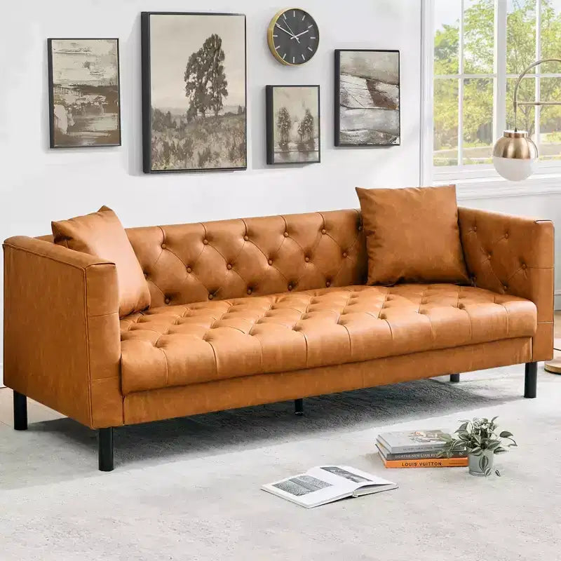 81 Leather Sofa Chesterfield - 3 Seater Tufted Couch for Living Room (Cognac Tan)