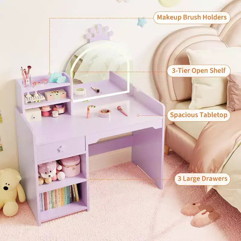 Tavolo da trucco e sedia per bambini rosa/viola/bianco con specchio LED – 1 bambino