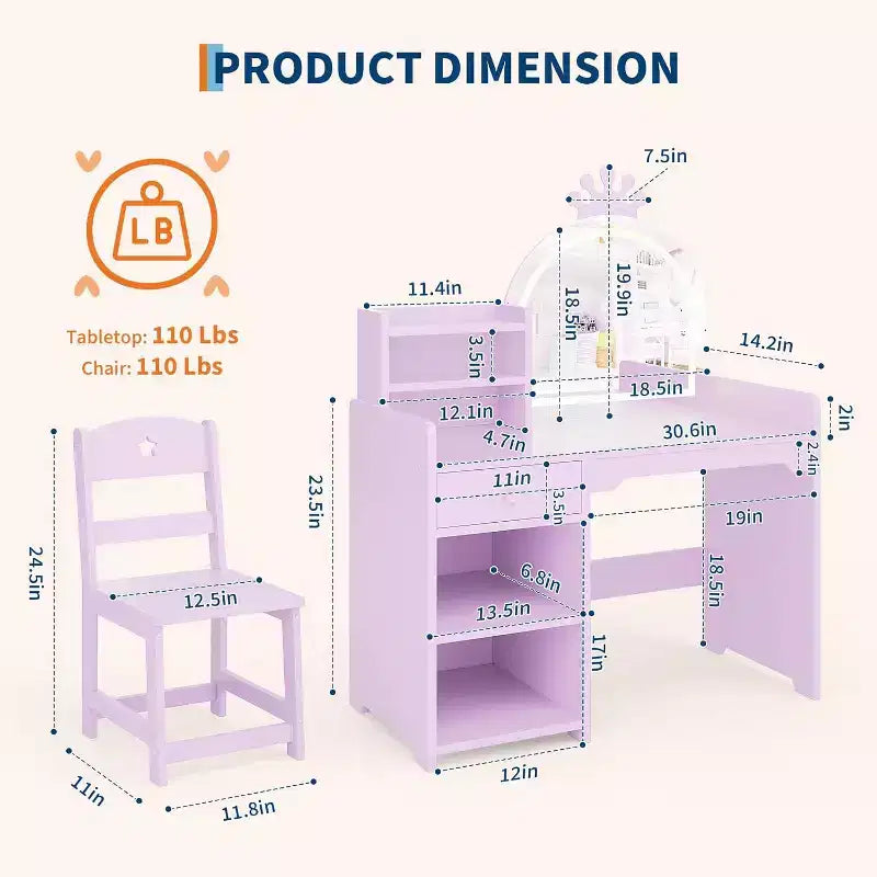 Tavolo da trucco e sedia per bambini rosa/viola/bianco con specchio LED – 1 bambino
