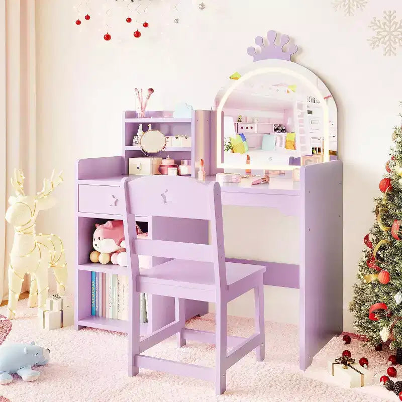 Tavolo da trucco e sedia per bambini rosa/viola/bianco con specchio LED – 1 bambino