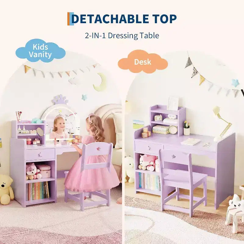 Tavolo da trucco e sedia per bambini rosa/viola/bianco con specchio LED – 1 bambino