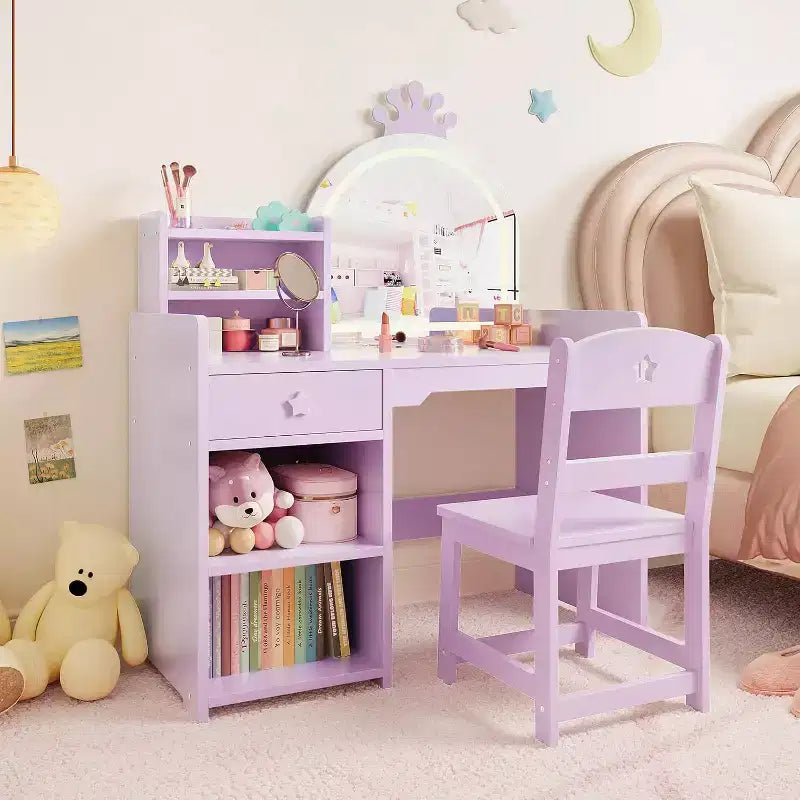 Tavolo da trucco e sedia per bambini rosa/viola/bianco con specchio LED – 1 bambino