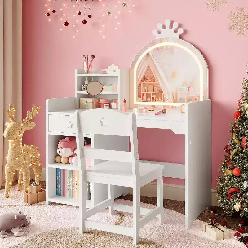 Tavolo da trucco e sedia per bambini rosa/viola/bianco con specchio LED – 1 bambino