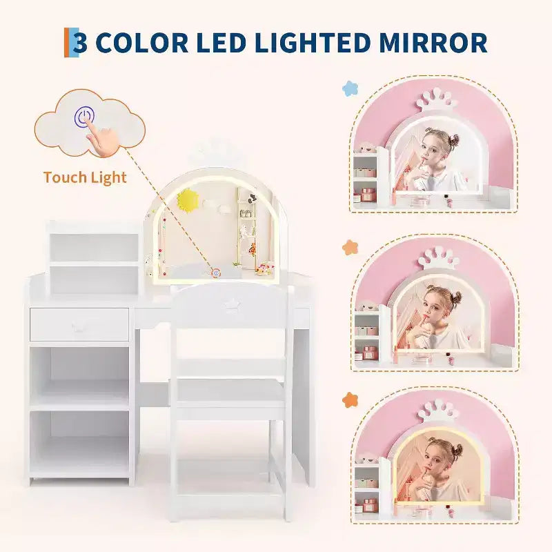 Tavolo da trucco e sedia per bambini rosa/viola/bianco con specchio LED – 1 bambino