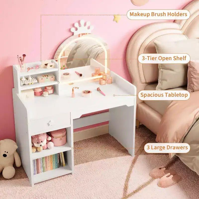 Tavolo da trucco e sedia per bambini rosa/viola/bianco con specchio LED – 1 bambino