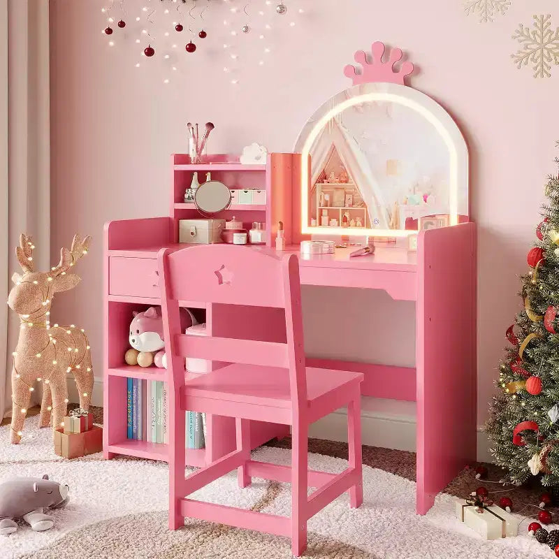 Tavolo da trucco e sedia per bambini rosa/viola/bianco con specchio LED – 1 bambino