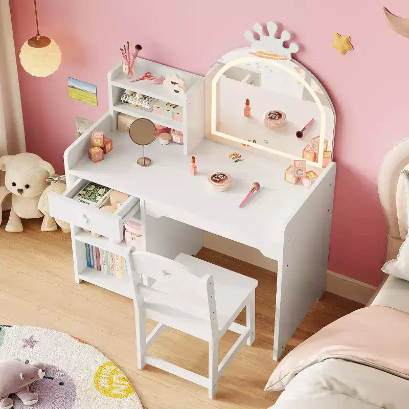 Tavolo da trucco e sedia per bambini rosa/viola/bianco con specchio LED – 1 bambino