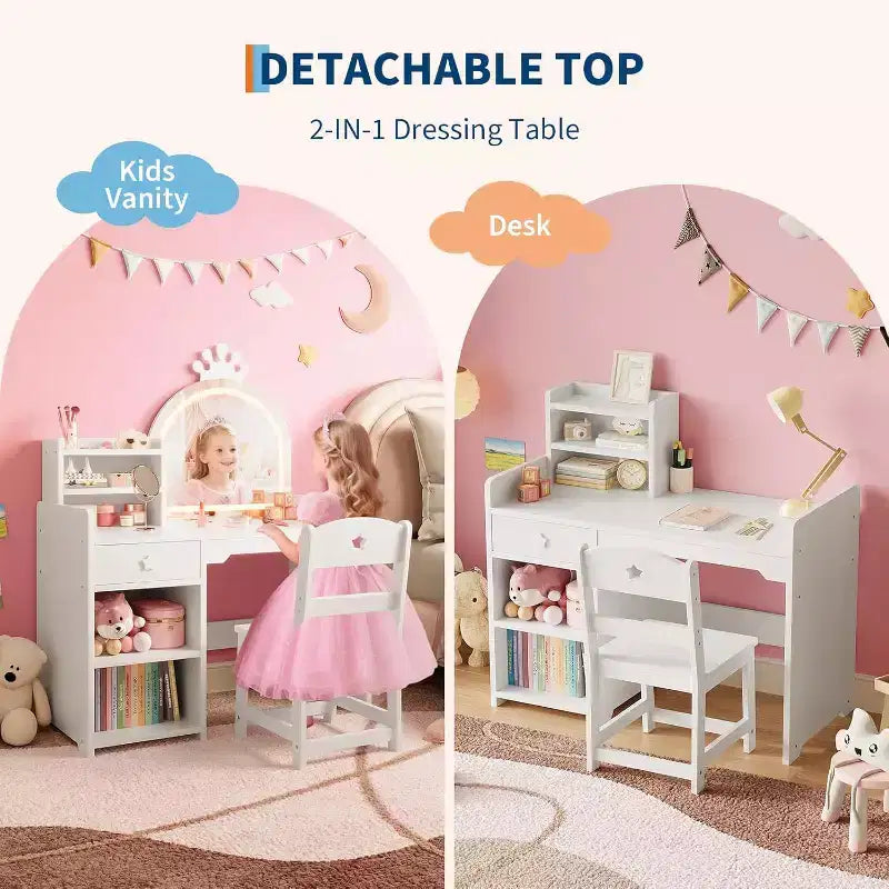 Tavolo da trucco e sedia per bambini rosa/viola/bianco con specchio LED – 1 bambino
