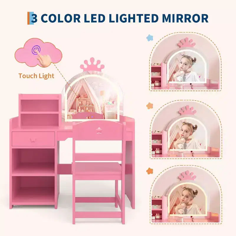 Tavolo da trucco e sedia per bambini rosa/viola/bianco con specchio LED – 1 bambino