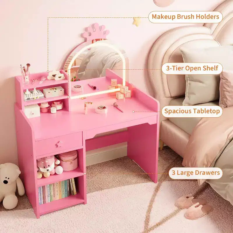 Tavolo da trucco e sedia per bambini rosa/viola/bianco con specchio LED – 1 bambino