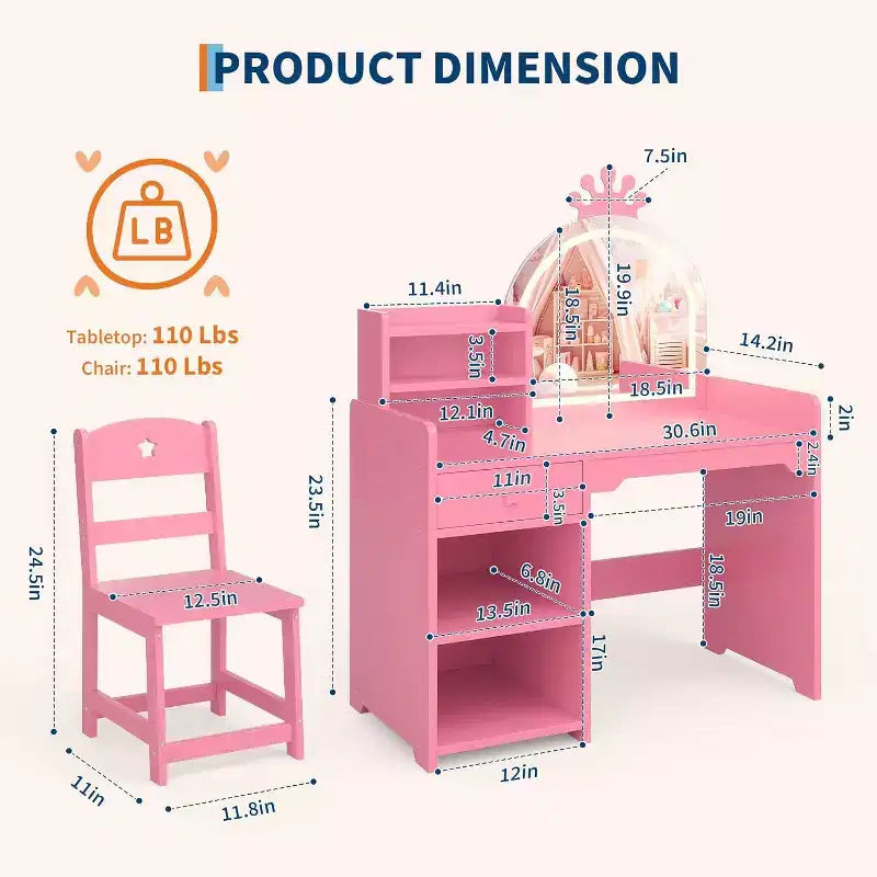Tavolo da trucco e sedia per bambini rosa/viola/bianco con specchio LED – 1 bambino