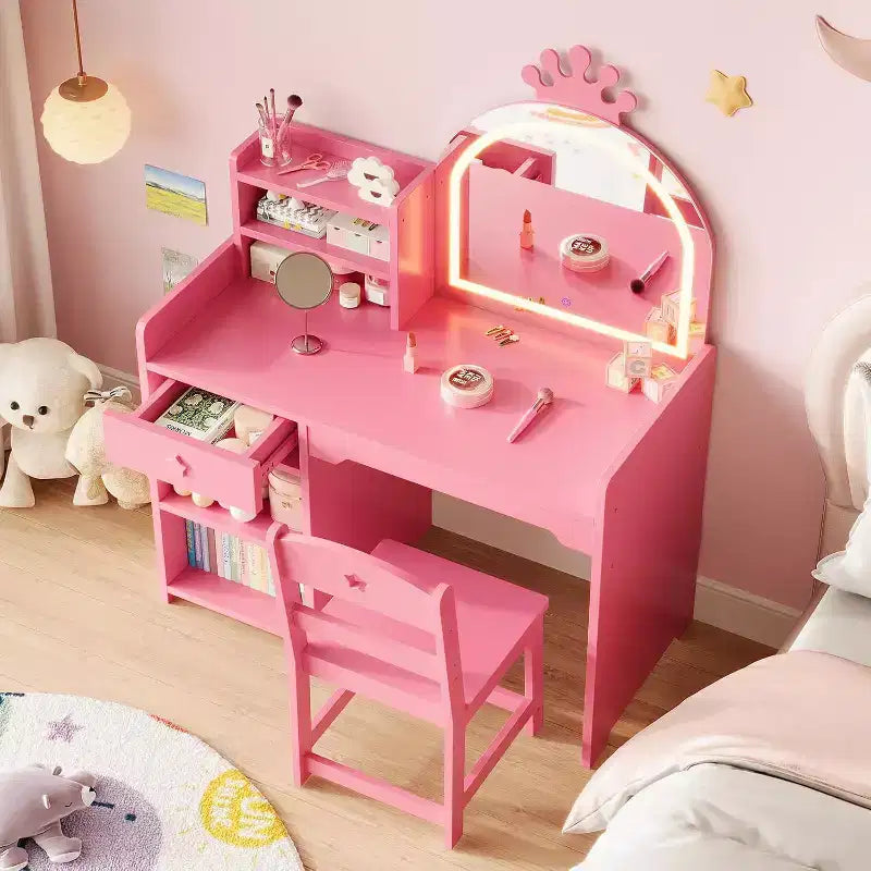 Tavolo da trucco e sedia per bambini rosa/viola/bianco con specchio LED – 1 bambino