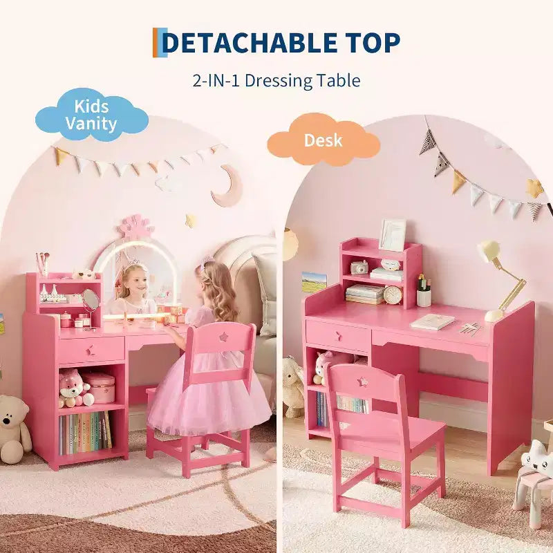 Tavolo da trucco e sedia per bambini rosa/viola/bianco con specchio LED – 1 bambino