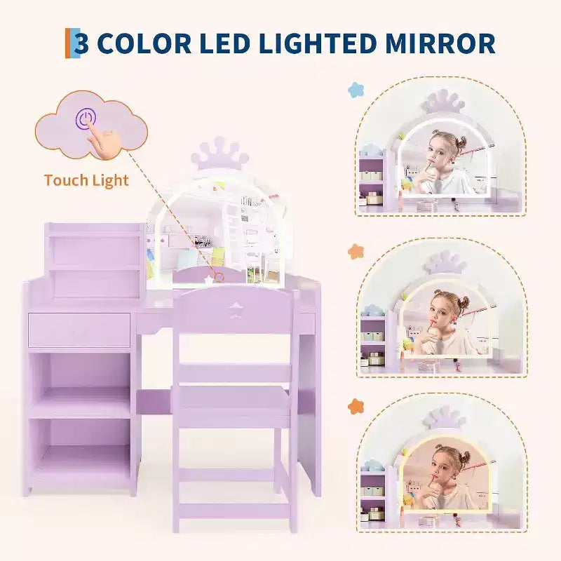 Tavolo da trucco e sedia per bambini rosa/viola/bianco con specchio LED – 1 bambino