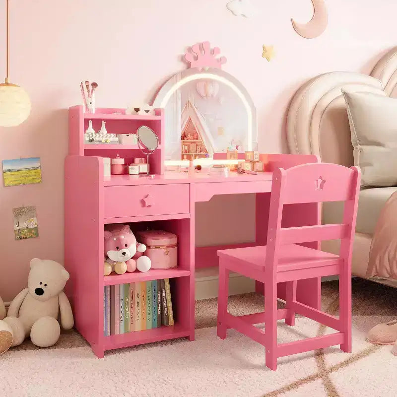 Kids Vanity Table and Chair Set with Mirror , Makeup Vanity Desk with Drawer and Open Storage Shelves, for Little Girls