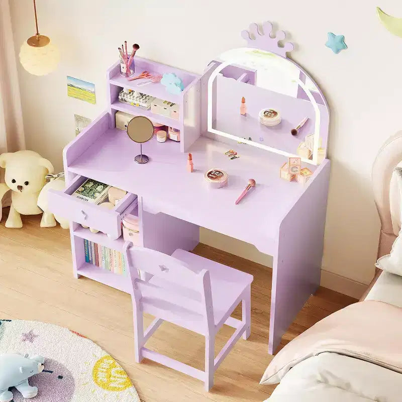 Tavolo da trucco e sedia per bambini rosa/viola/bianco con specchio LED – 1 bambino