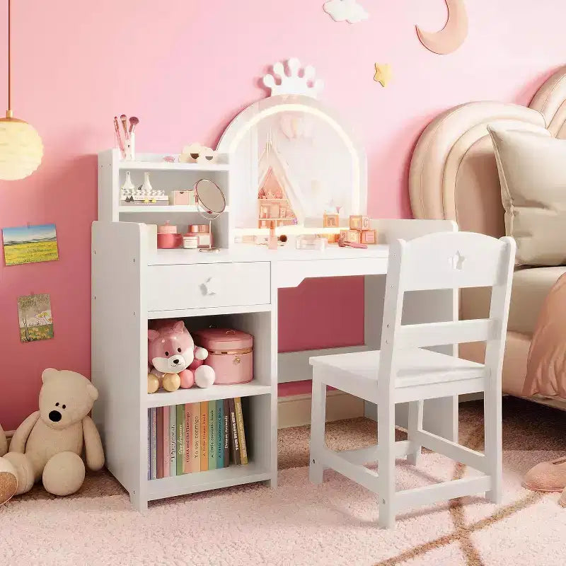 Tavolo da trucco e sedia per bambini rosa/viola/bianco con specchio LED – 1 bambino
