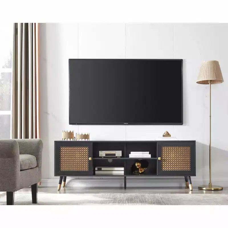 Mobile TV bohémien bianco/nero, per TV fino a 70", centro d'intrattenimento con 2 armadietti