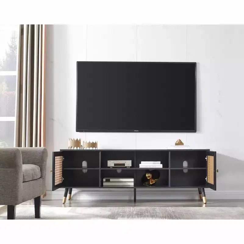 Mobile TV bohémien bianco/nero, per TV fino a 70", centro d'intrattenimento con 2 armadietti