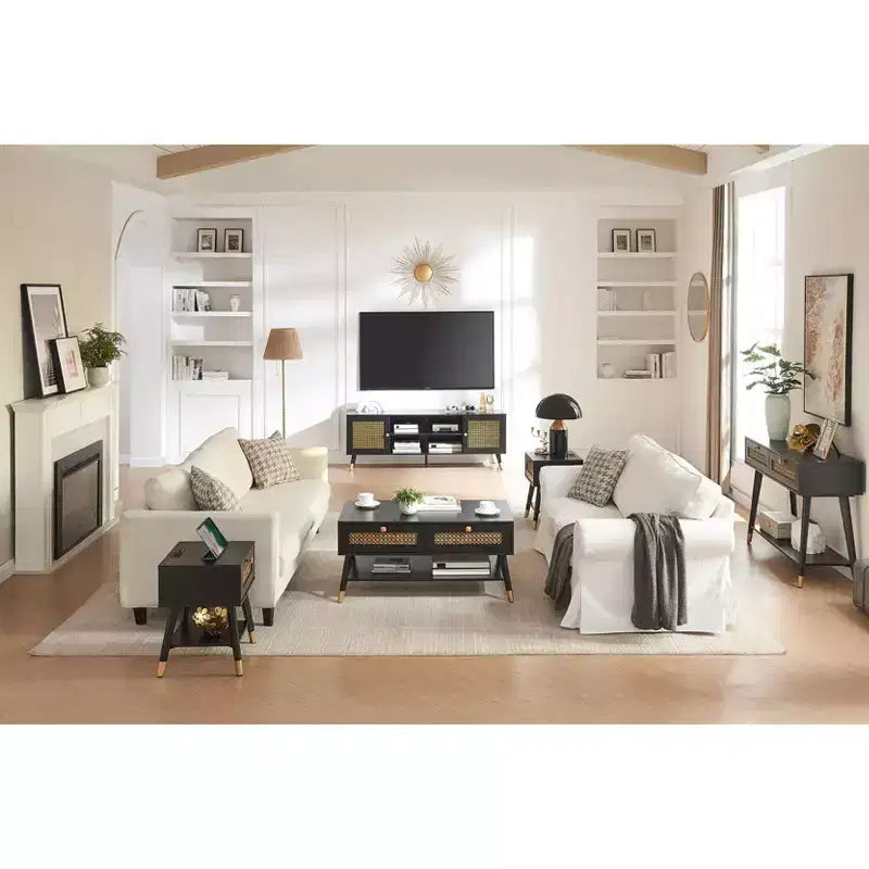 Mobile TV bohémien bianco/nero, per TV fino a 70", centro d'intrattenimento con 2 armadietti