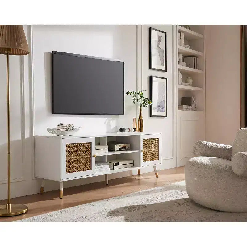Mobile TV bohémien bianco/nero, per TV fino a 70", centro d'intrattenimento con 2 armadietti
