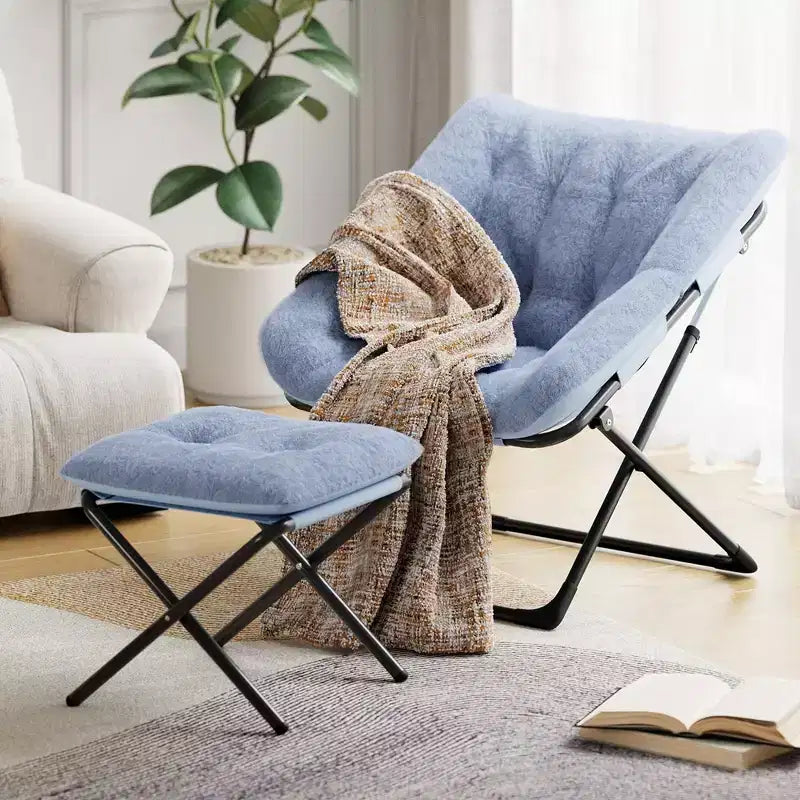 Poltrona lounge pieghevole in pelliccia sintetica, senza braccioli, 1 posto – Beige / Blu / Caffè / Grigio / Rosa