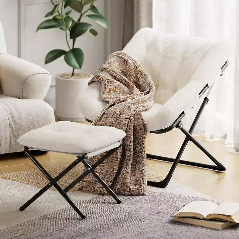 Poltrona lounge pieghevole in pelliccia sintetica, senza braccioli, 1 posto – Beige / Blu / Caffè / Grigio / Rosa