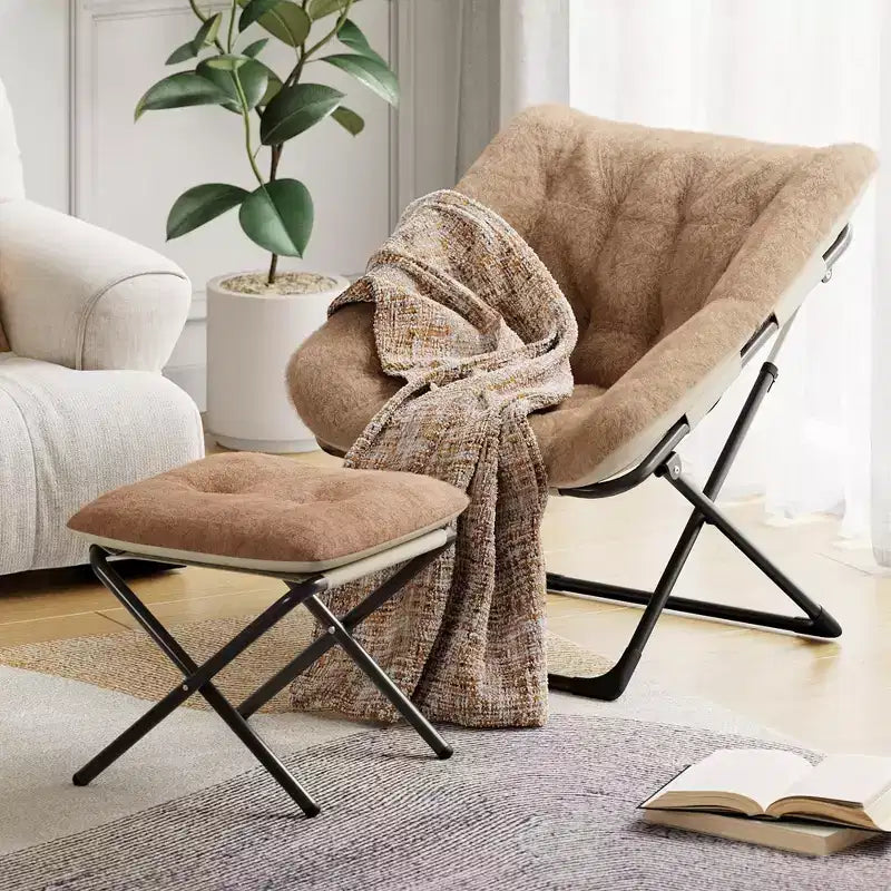 Poltrona lounge pieghevole in pelliccia sintetica, senza braccioli, 1 posto – Beige / Blu / Caffè / Grigio / Rosa