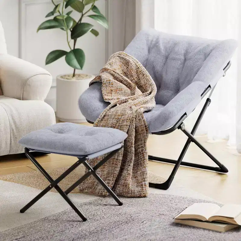 Poltrona lounge pieghevole in pelliccia sintetica, senza braccioli, 1 posto – Beige / Blu / Caffè / Grigio / Rosa
