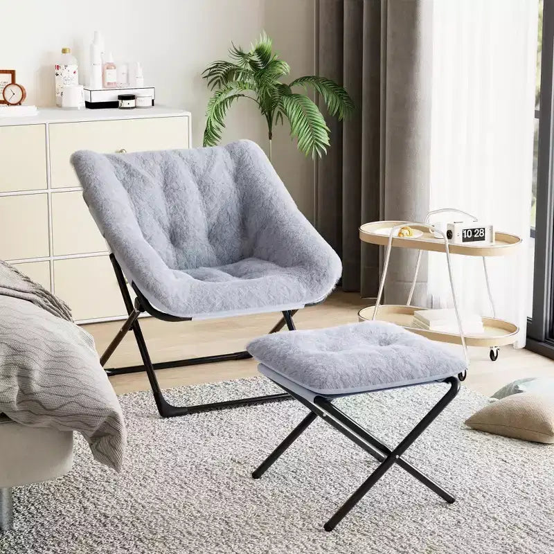 Poltrona lounge pieghevole in pelliccia sintetica, senza braccioli, 1 posto – Beige / Blu / Caffè / Grigio / Rosa