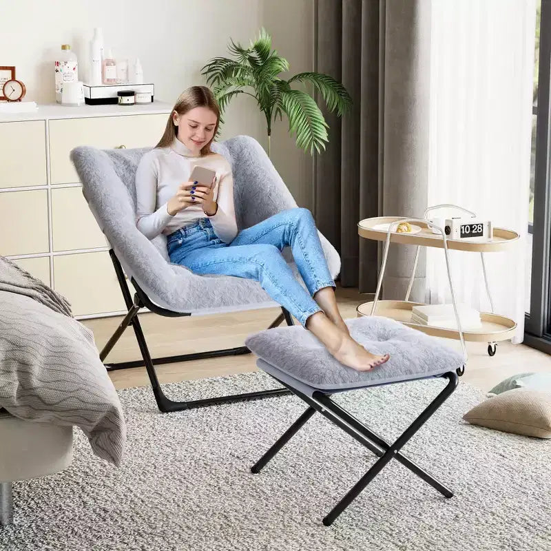 Poltrona lounge pieghevole in pelliccia sintetica, senza braccioli, 1 posto – Beige / Blu / Caffè / Grigio / Rosa
