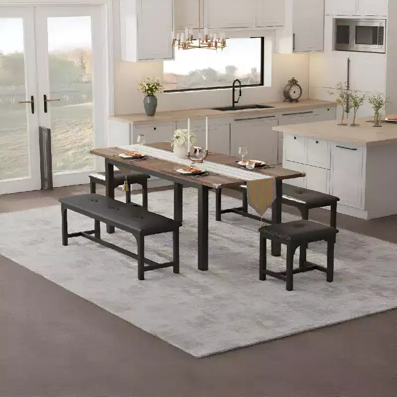 Extendable Rectangular Dining Table for 6, Modern Farmhouse Large Kitchen Table with Metal Legs, Space-Saving Dining Room Furniture for Apartments