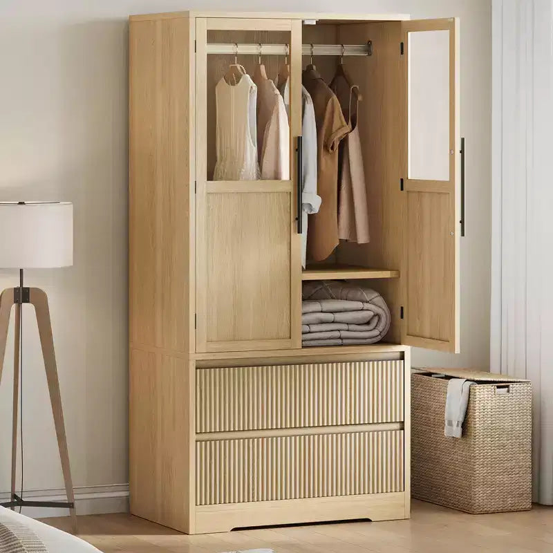 GustoWave Bedroom Wooden Armoire Wardrobe Closet, Wardrobe Armoire Cabinet with Glass Doors and 2 Drawers, Freestanding Armoire with Shelves