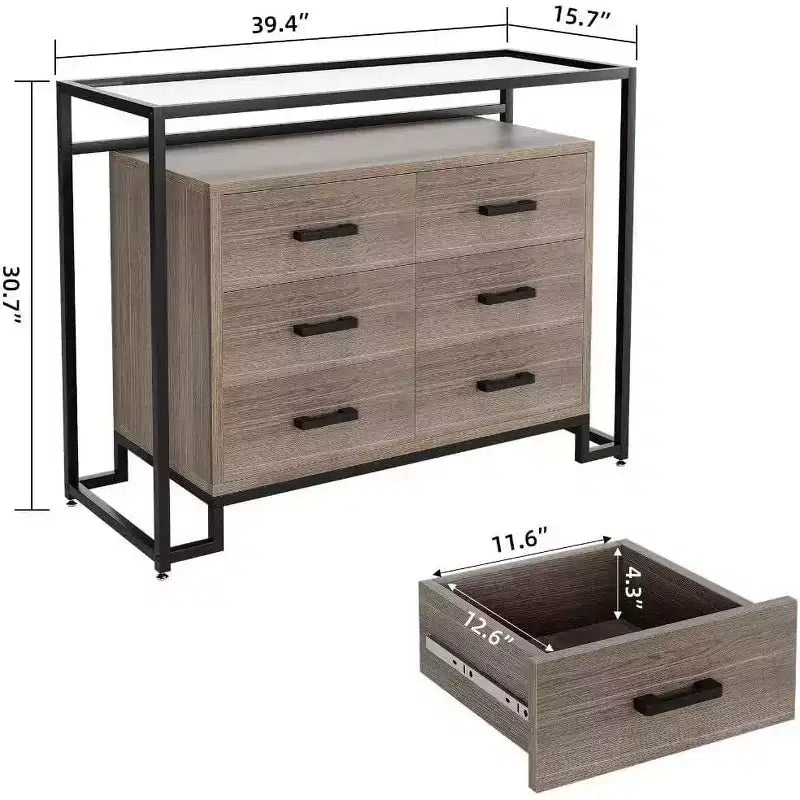 Cassettiera marrone in legno a 6 cassetti con ripiani in vetro temperato, 1 pezzo