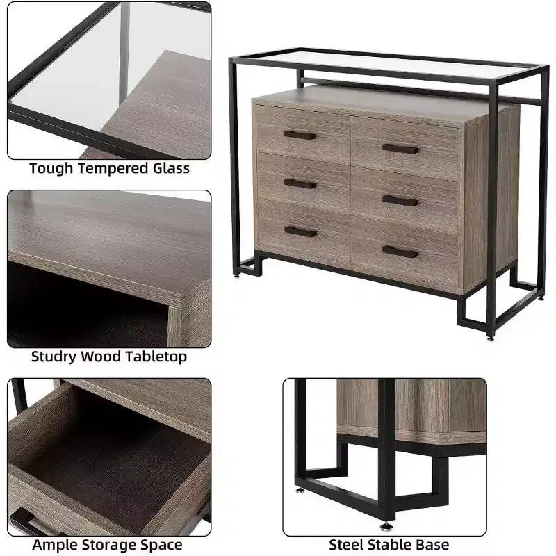 Cassettiera marrone in legno a 6 cassetti con ripiani in vetro temperato, 1 pezzo
