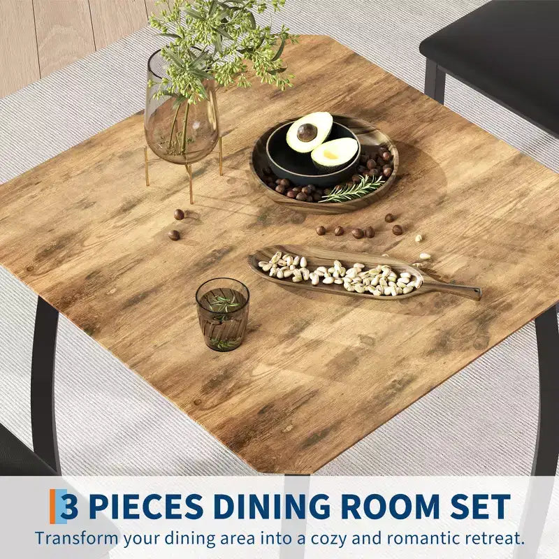 Set tavolo da pranzo 3 pezzi, quadrato, sedie imbottite, 2 posti