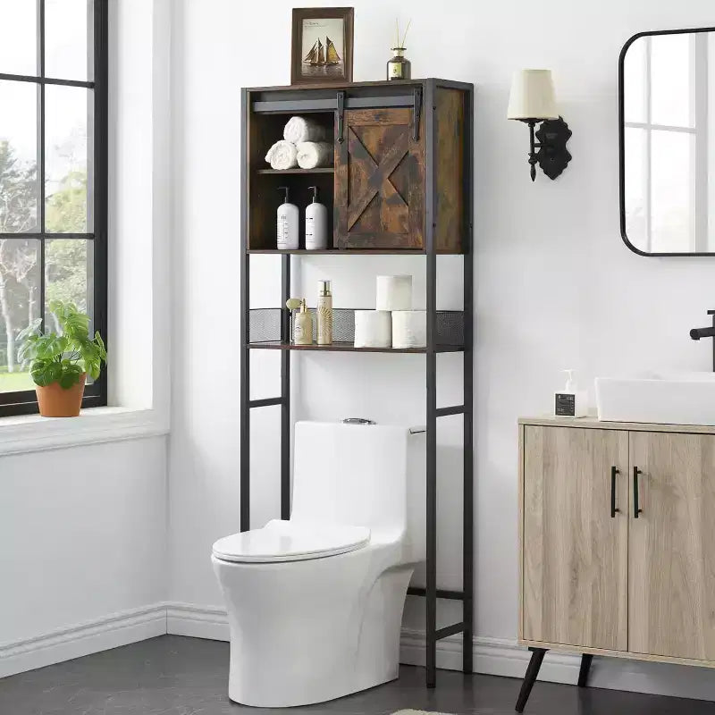 Farmhouse Style Over Toilet Storage Cabinet with Sliding Door and Adjustable Shelf, Rustic Brown Bathroom Organizer, Space-Saving