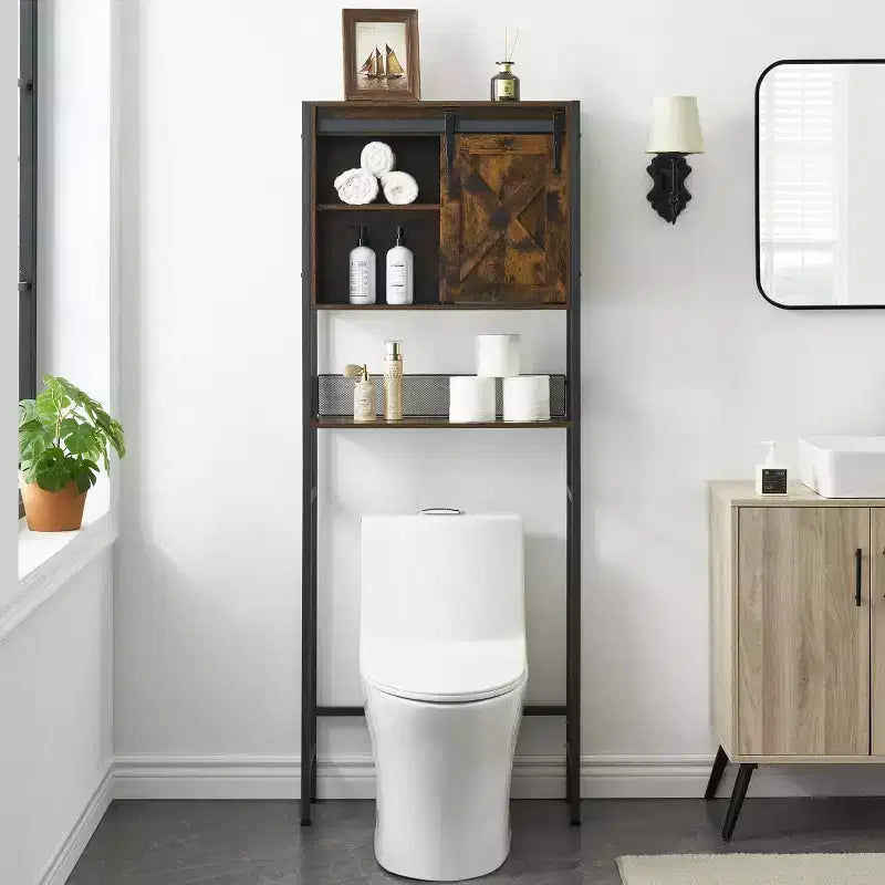 Mobiletto da bagno salvaspazio da WC marrone rustico con anta scorrevole, 1 unità