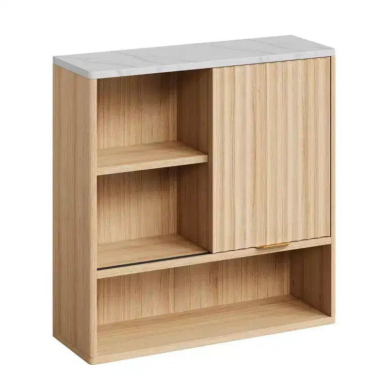 Fluted Bathroom Wall Cabinet with Sliding Door, Faux Marble Top, Adjustable Shelf & Open Storage, Curved Wall Mounted Organizer