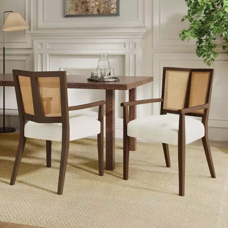 PexFix 2Pcs Modern Upholstered Fabric Armchairs Dining Chairs Rattan Back Dining Room Chairs Accent Kitchen Chairs with Solid Wood Legs Walnut