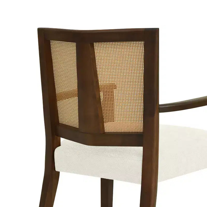 Sedia da pranzo imbottita in lino color noce con schienale in rattan, set da 2